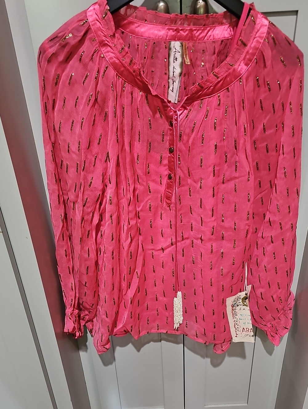 Aratta Maven Hot Pink Metallic-Accent Long Sleeve Blouse